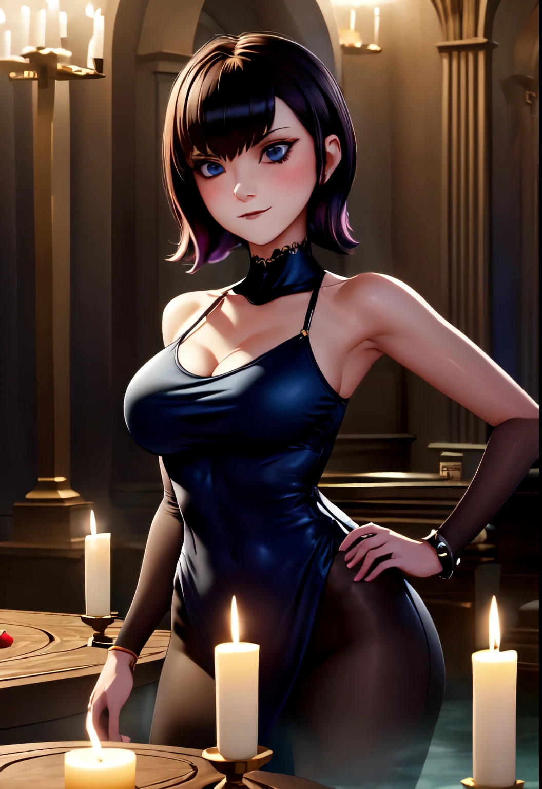 (Digital Artwork:1.3), 1girl, sfw, mavis_dracula, 1girl, solo,, light skin, quarter turn,1/4 body pose, upper body view, eyes focus, looking at the viewer, (flirty facial expression:1.3), blue eyes,  body, in early twenties,  breasts, goth outfit, luxurious spa with candlelit ambiance, (masterpiece, best quality, absurdres, detailed, ultra-detailed:1.3), alluring, (trending on CGSociety, trending on pixiv, contest winner:1.3)