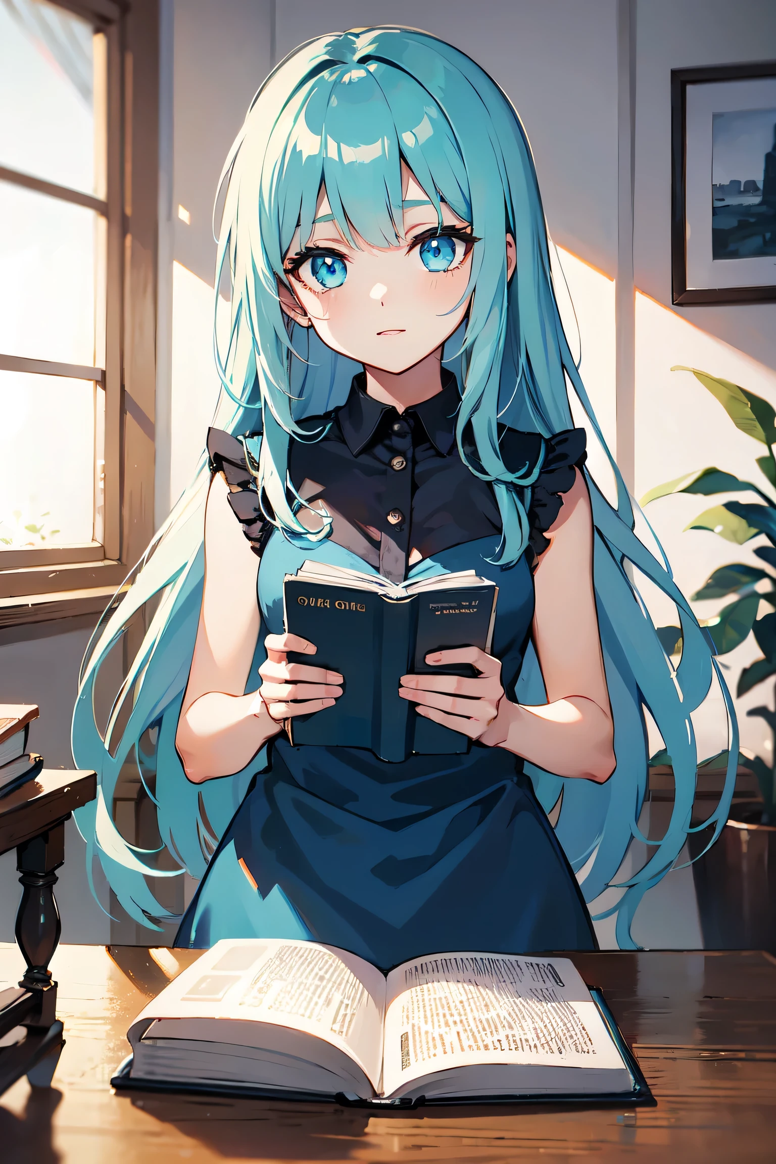 , Long white hair, Cyan eyes, Blue sleeveless dress, Book, masterpiece, high quality