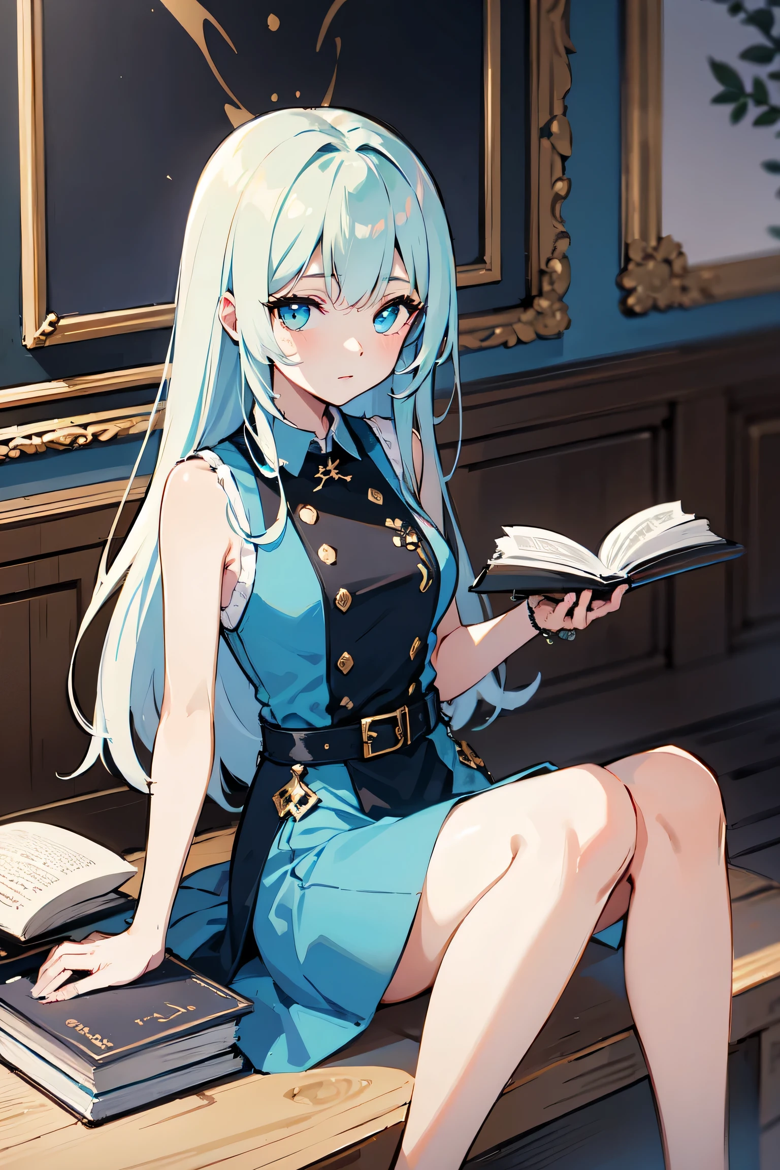 , Long white hair, Cyan eyes, Blue sleeveless dress, Book, masterpiece, high quality