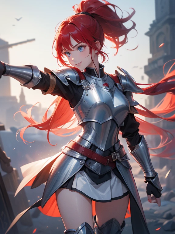 (8k, highest quality, Tabletop:1.2)、Ultra-high resolution、One 16-year-old girl, Perfect Fingers, Detailed face, smile, blue eyes, Red hair, ponytail,Silver armor, Gauntlet, Iron Breastplate, Iron Leg Guards, Desolate Land, carry a sword on one&#39;s waist, Stand with your hands on your hips