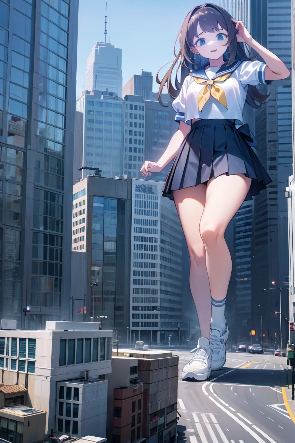 Huge teenage girl in sneakers，A girl taller than a building，a sailor suit，short  skirt,Squatting maiden