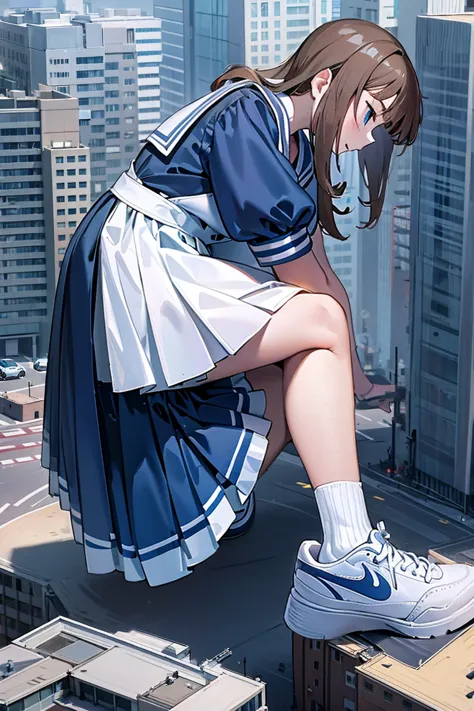 huge teenage girl in sneakers，a girl taller than a building，a sailor suit，short  skirt,squatting maiden