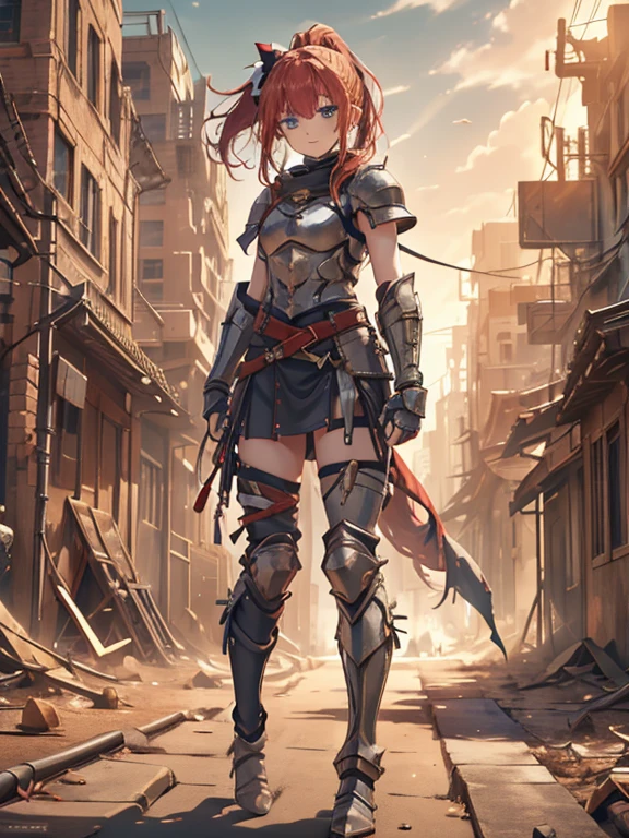 (8k, highest quality, Tabletop:1.2)、Ultra-high resolution、One 16-year-old girl, Perfect Fingers, Detailed face, smile, blue eyes, Red hair, ponytail,Silver armor, Gauntlet, Iron Breastplate, Iron Leg Guards, In the ruined city, sword on waist, Stand with your hands on your hips