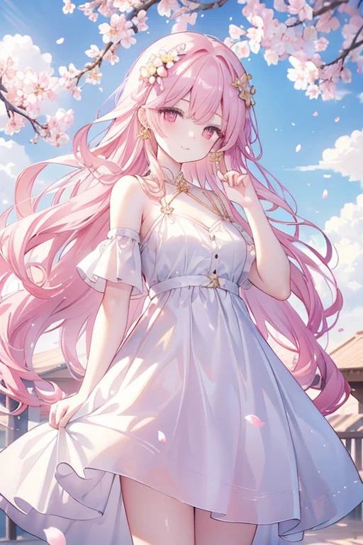 cherry_blossoms, falling_petals, petals, branch, pink_flower, 1girl,20-year-old, blue_sky, spring_\(season\), petals_on_liquid, flower, hanami, dress, (golden long curly hair: 1.5), wearing flower wreath, sky, outdoor, Clouds, bangs, smile, pink eyes, white dress with cherry blossoms, bare shoulders, earrings, best quality. Picture perfect. holding_flower, wind, tree, looking_at_viewer, cowboy shot, detail enhancement.