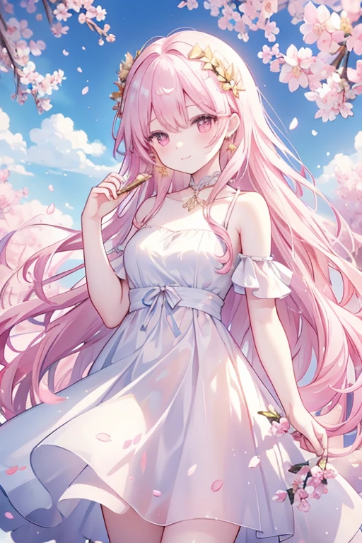 cherry_blossoms, falling_petals, petals, branch, pink_flower, 1girl,20-year-old, blue_sky, spring_\(season\), petals_on_liquid, flower, hanami, dress, (golden long curly hair: 1.5), wearing flower wreath, sky, outdoor, Clouds, bangs, smile, pink eyes, white dress with cherry blossoms, bare shoulders, earrings, best quality. Picture perfect. holding_flower, wind, tree, looking_at_viewer, cowboy shot, detail enhancement.