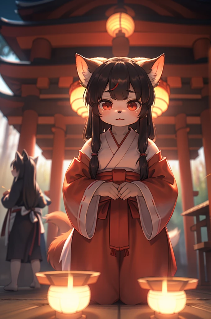 Bokeh , (blur:1.5) , front view , 1 hairy inari girl and oni , Short stature , realistic hairy fur , Straight black Long Hair , Round face, swollen cheeks,round eyes , neat hair ties , Japanese Shrine Maiden Clothing , dynamic Exorcism action , in the Inari Shrine