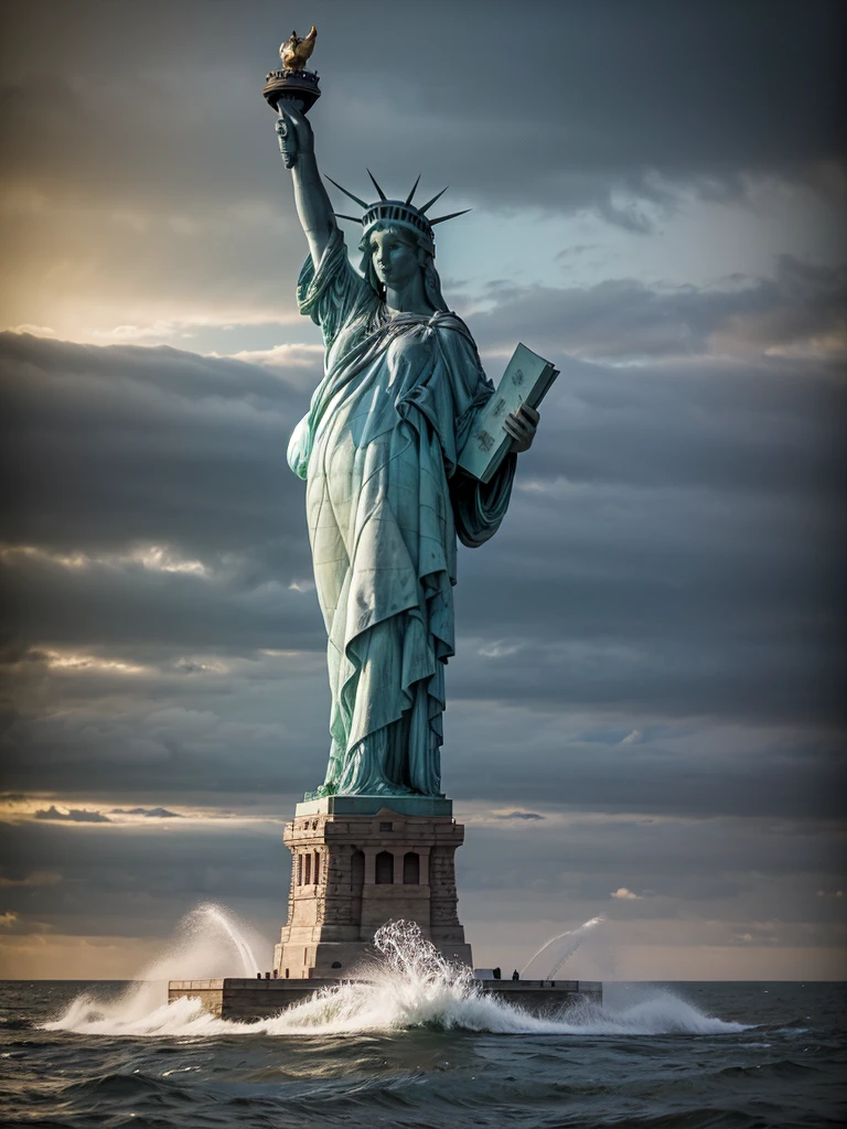 (Senhora Liberdade), A Estátua da Liberdade em pedaços ao ar livre no mar. A estátua caiu e está em pedaços. A cabeça emerge da água, O braço emerge da água do mar. A estátua está cercada por névoa, evocando uma atmosfera misteriosa e misteriosa. A iluminação é escura e atmosférica, com uma fumaça vermelha adicionando um toque de ambiente sinistro. A imagem é da melhor qualidade, com resolução de 4k e aprimoramento HDR, apresentando o máximo nível de detalhe e realismo. fotografia analógica, Texturas de alta qualidade. Céu nublado azul claro. foto fotorrealista, efeitos da água, efeitos de ondulação, (efeitos de flores: 0.65), Efeitos de luz