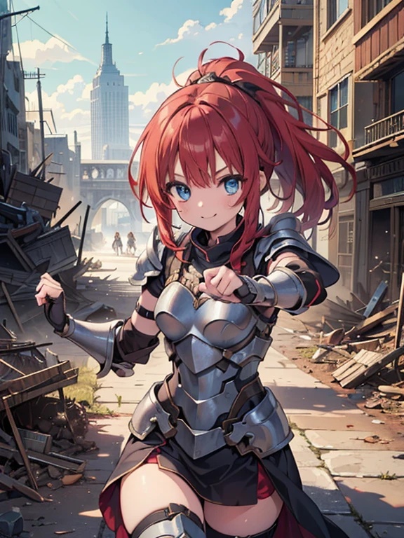 (8k, highest quality, Tabletop:1.2)、Ultra-high resolution、One 16-year-old girl, Perfect Fingers, Detailed face, smile, blue eyes, Red hair, ponytail,Silver armor, Gauntlet, Iron Leg Guards, In the ruined city, The dust rises, dim, carry a sword on one&#39;s waist, Stand with your hands on your hips