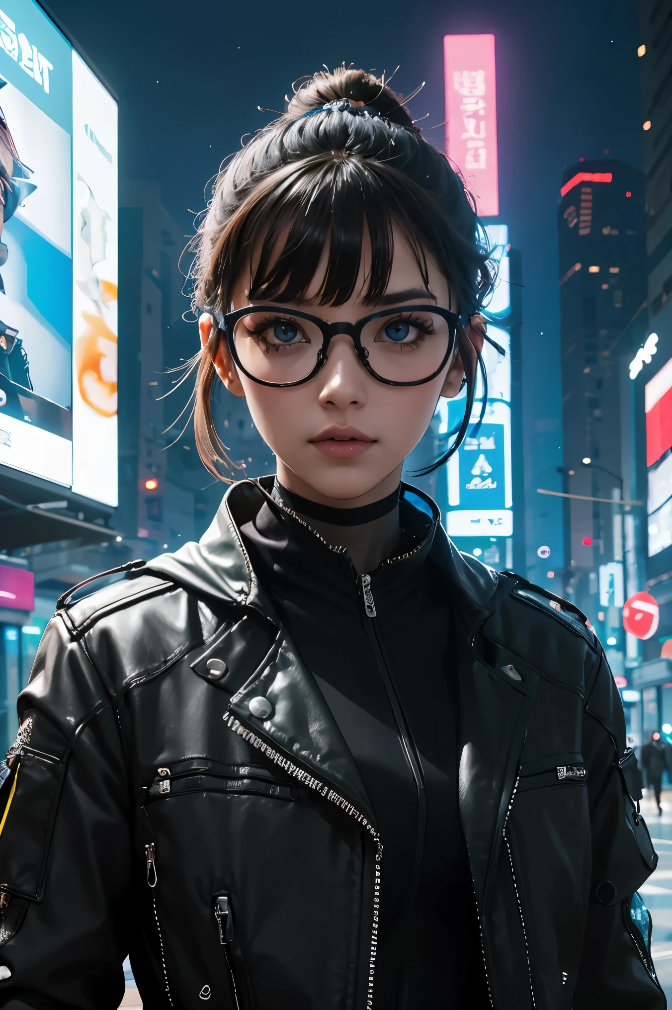 ((masterpiece:1.2,top quality)),woman,4K,futuristic led glasses,cyberpunk glasses,