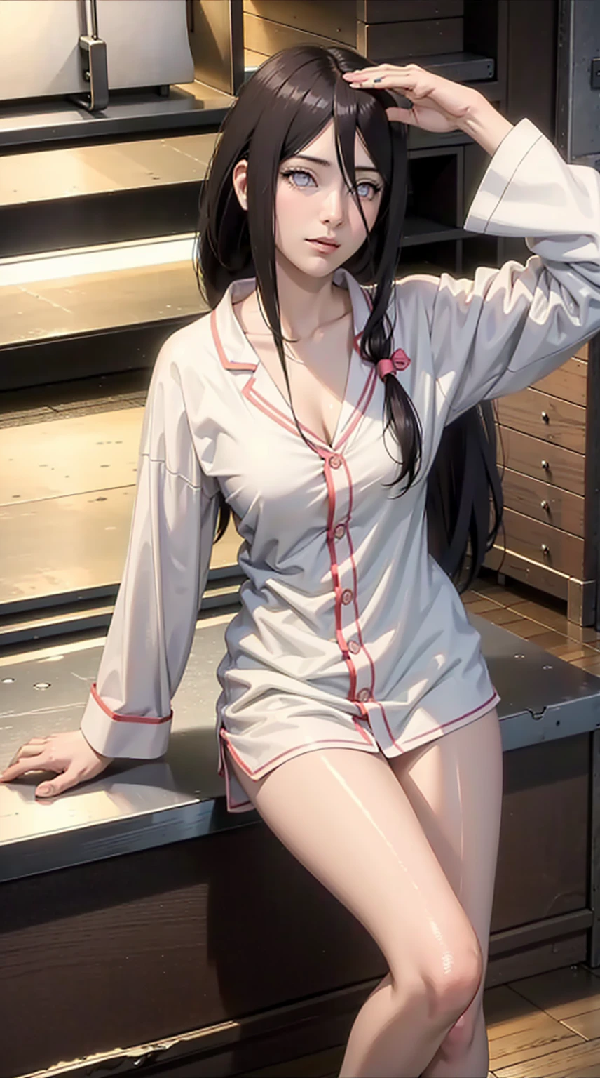 hyuuga hanabi, long hair tied low, hair band, hana purple eyes, beautiful, beautiful woman, perfect body, perfect breasts, wearing white pajamas, sexy pajamas, sleepwear, sitting in the kitchen, clear kitchen, looking at the audience, a slight smile, realism, masterpiece , textured leather, super detail, high detail, high quality, best quality, 1080p, 16k