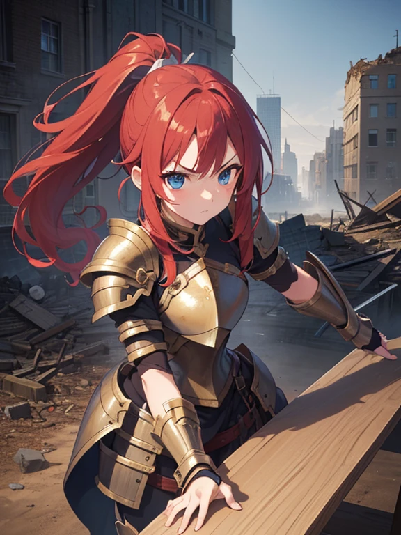 (8k, highest quality, Tabletop:1.2)、Ultra-high resolution, Baroque, Expressionism, One 1 girl, Perfect Fingers, Detailed face, Serious face, blue eyes, Red hair, ponytail,Silver armor, Gauntlet, Iron Leg Guards, In the ruined city, The dust rises, dim, carry a sword on one&#39;s waist, Stand with your hands on your hips