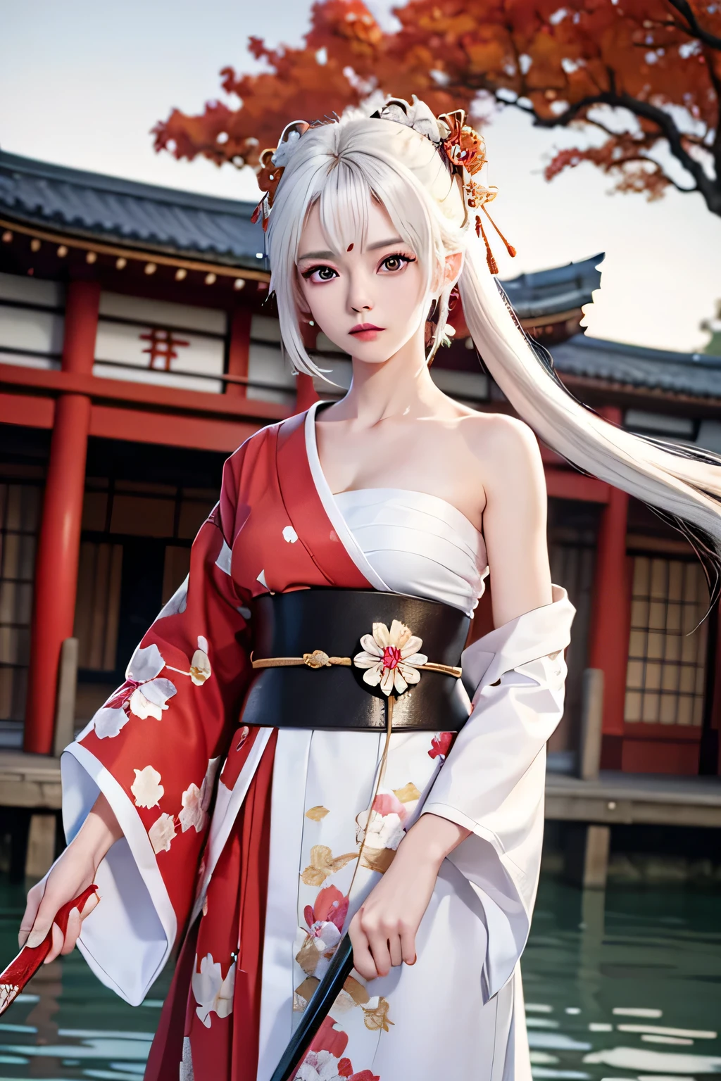 (masterpiece, best quality, dutch angle)(1girl, solo)(white hair, red eyes)(sarashi,japanese clothes,one shoulder、Wear one kimono、One shoulder exposed)(Serious expression, Holding a sword、floating hair)(night、In front of the samurai residence)
