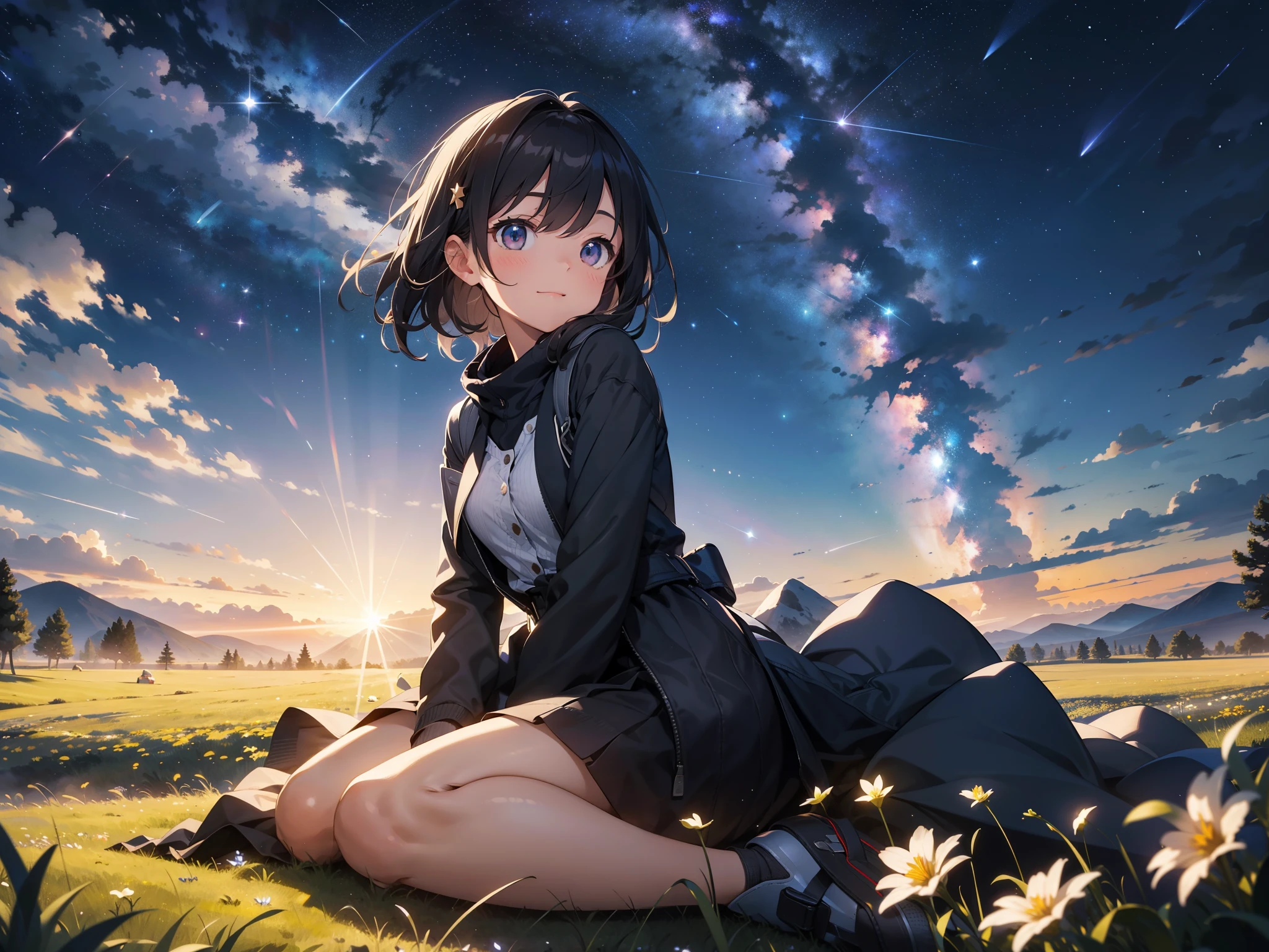 ((Detailed depiction of the face)),rounded corners, UHD, retina, high details, best quality, highres, 4K,A young girl sits on the grassy plain at night, placing her hands on the ground and gazing upward. The surroundings are shrouded in darkness, while a sky full of shimmering stars stretches out above her. The stars emit a brilliant glow, and a meteor shower paints a trail of beautiful lights across the night sky. Countless shooting stars dance through the heavens, captivating the girl’s attention. She is filled with a quiet joy and a sense of awe, as if she is touching the wonders of the universe. The serene meadow grants her a sense of peace and a magical energy, while the brilliance of the night sky envelops her soul.