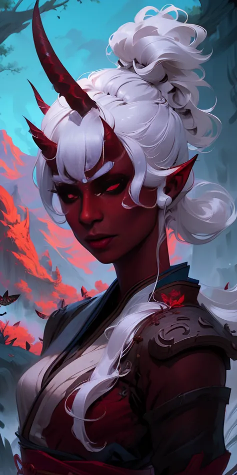 1 girl, (((oni girl))), (((red skin))), horns, white hair, ponytail, (((adventurer outfit))), explorer, researcher, fascinated e...