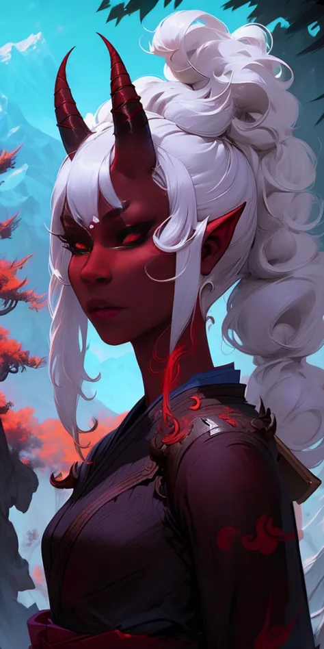 1 girl, (((oni girl))), (((red skin))), horns, white hair, ponytail, (((adventurer outfit))), explorer, researcher, fascinated e...