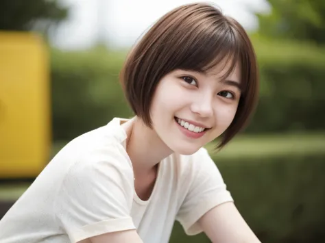 225 short hair, 20-year-old woman, a kind smile, (light-colored short-sleeved clothing)