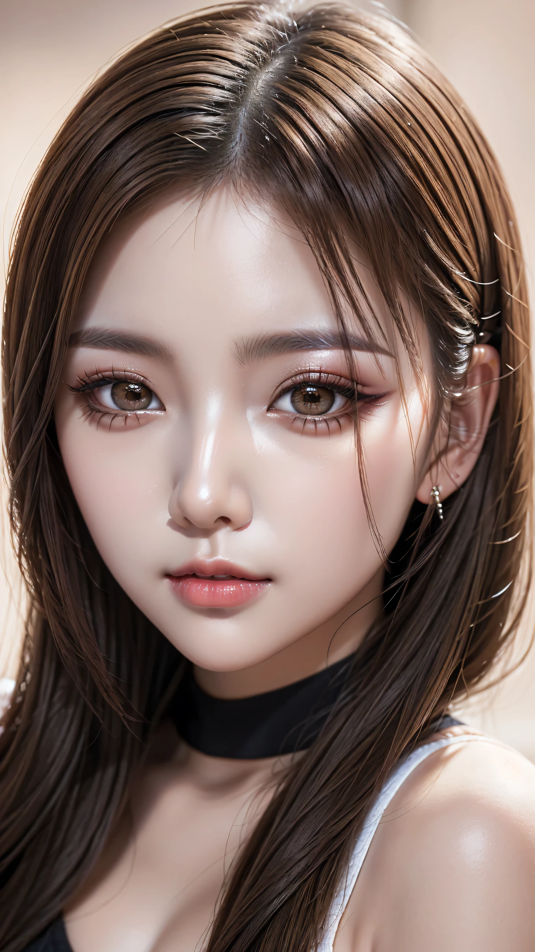 (the most absurd quality perfect eyes), ((natural super beautiful cute sharp-face)), (light pale complexion), ((clear no blur and sharp perfect round realistic brown_eyes:1.25)super detail), finely detailed pupils, detailed lips:1.3, [pink_lipstick:1.3]