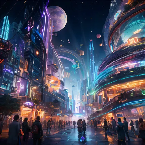 ((highest quality, 8k, masterpiece: 1.3)), Busy neon street Concept art of time and space，Large Scene，16k resolution concept art...