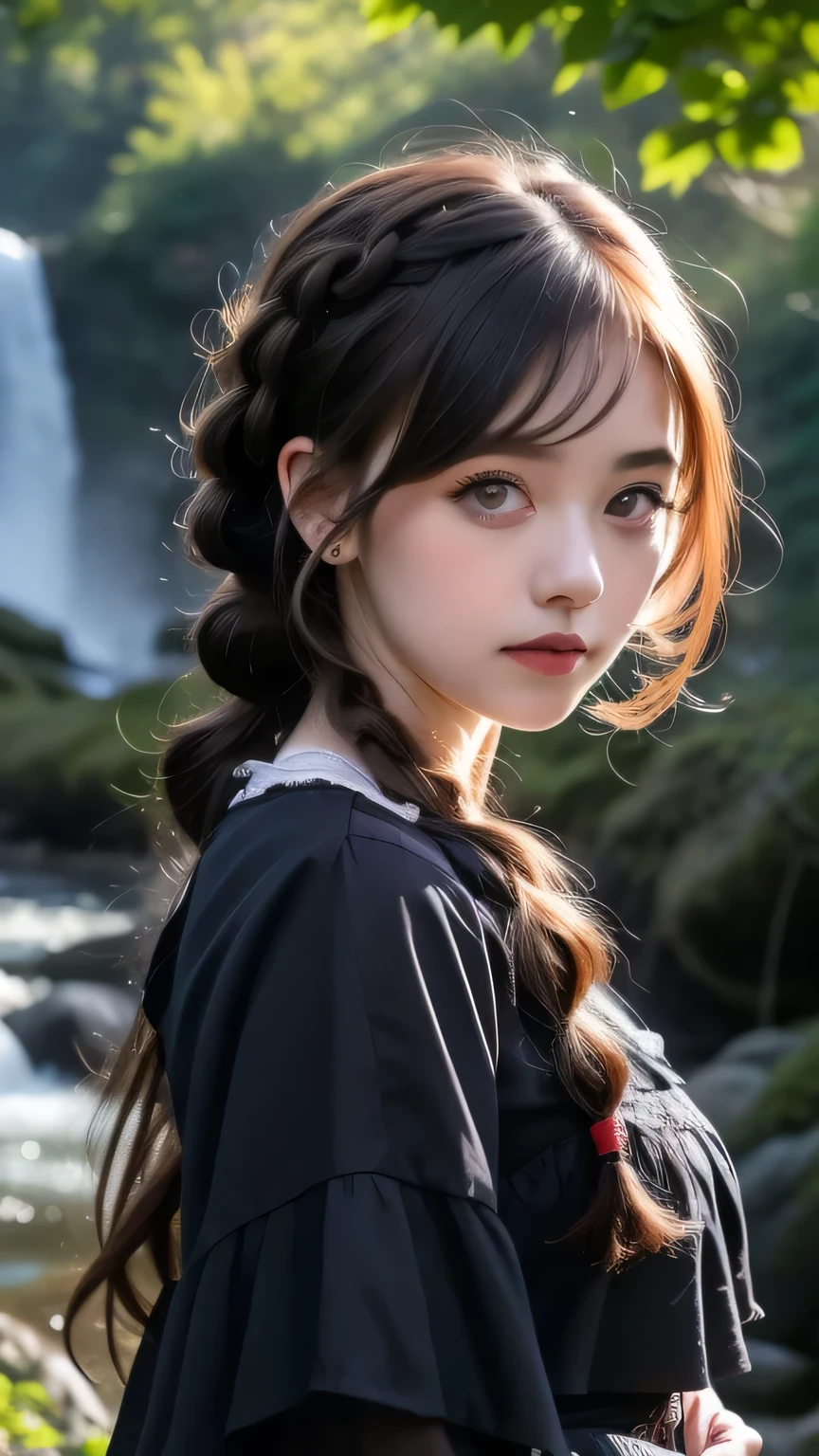 Beautiful woman with black eyes, Complex details, moderate, watercolor, splash､(Gothic Lolita), Upper Body, RAW Photos, Realistic, 4K/8K clear photo of a woman standing in front of a forest and a large waterfall, (iris), Super detailed, detaileds, Dramatic Light, Beautiful eyes in every detail, detaileded skin, Written boundary depth, RAW Photos, Full resolution, High resolutionの肌, detailed, Sharp focus, masterpiece, 最high quality, high quality, High resolution, Dark Gothic Lolita, Upper Bodyのポートレート, (Red hair with curly braids)、