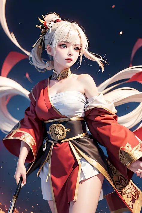 (masterpiece, best quality, dutch angle)(1girl, solo)(white hair, red eyes)(sarashi,japanese clothes,off shoulder,one shoulder、W...