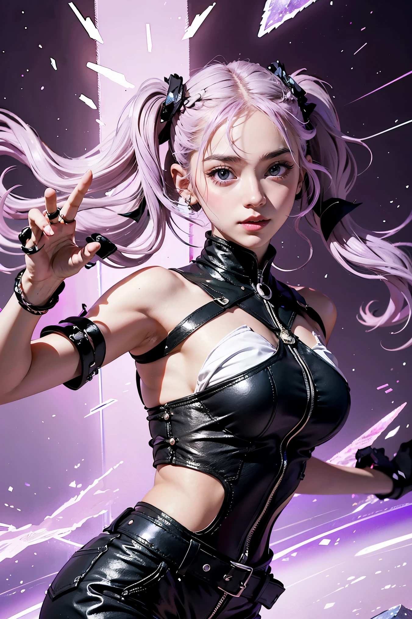 Best Quality, Ultra High Resolution, Cute, (KPOP Idol), (Long Twintail), (Light Purple Hair:1), ((Big Eyes)), Looking at you, BREAK ((upper body:1.3)), Front View,A character with long, flowing silver hair and a slender build, wearing a black and white outfit that includes thigh-high boots and gloves. The character is in a dynamic pose surrounded by ethereal purple crystals and energy, The character is in a dynamic pose surrounded by ethereal purple crystals and energy,A character with long, flowing purple hair, wearing a metallic top and black shorts with thigh-high boots. The outfit includes straps and belts, giving it a futuristic or fantasy style. The character is in a dynamic pose with radiant light or energy surrounding them, set against a minimalistic abstract background,