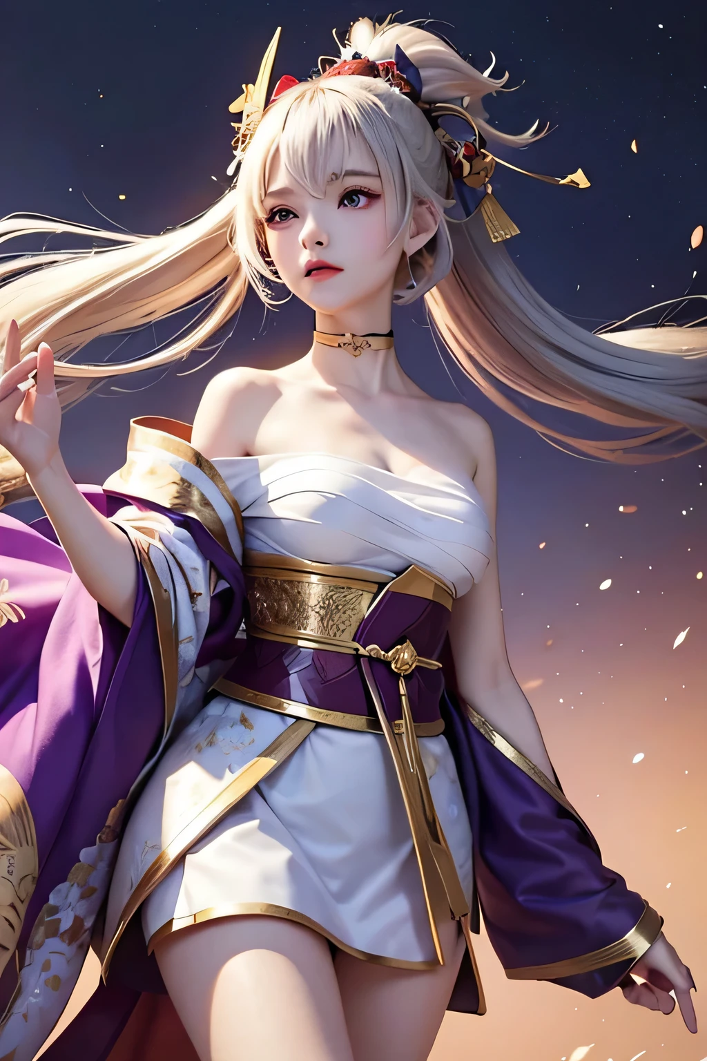 (masterpiece, best quality, dutch angle)(1girl, solo)(white hair,Purple Eyes,Straight long hair)(sarashi,japanese clothes,off shoulder,one shoulder、Wear one kimono:1.4、One shoulder exposed)(Serious expression, Woman holding a sword:1.3、floating hair)(In front of the samurai residence、Mystical Night、Particles of light float around the woman、Space for fantasy)
