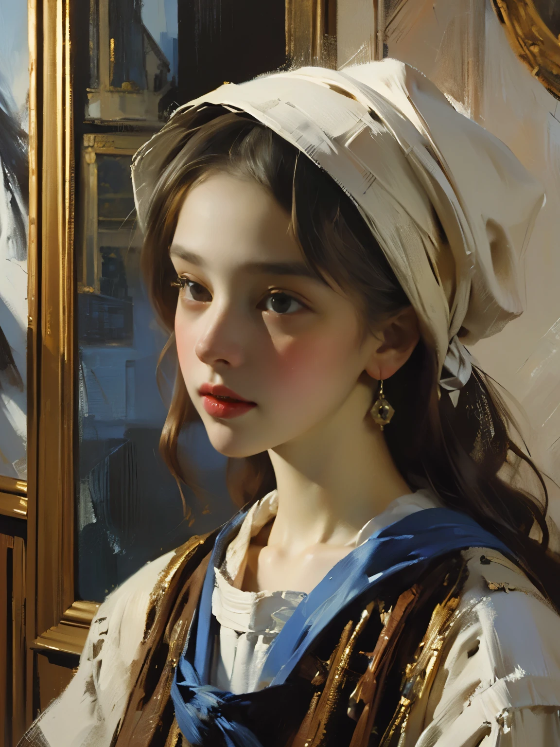 ((Pintura rápida) +++ Retrato de uma mulher delicada, pintura com faca de paleta, estilo impressionista, Técnicas de pincelada, Grandes Golpes, Vermeer&#39;estilo de pintura, (enorme busto firme saltitante, Sensual, Tédio:1.5), Menina vendendo flores, 