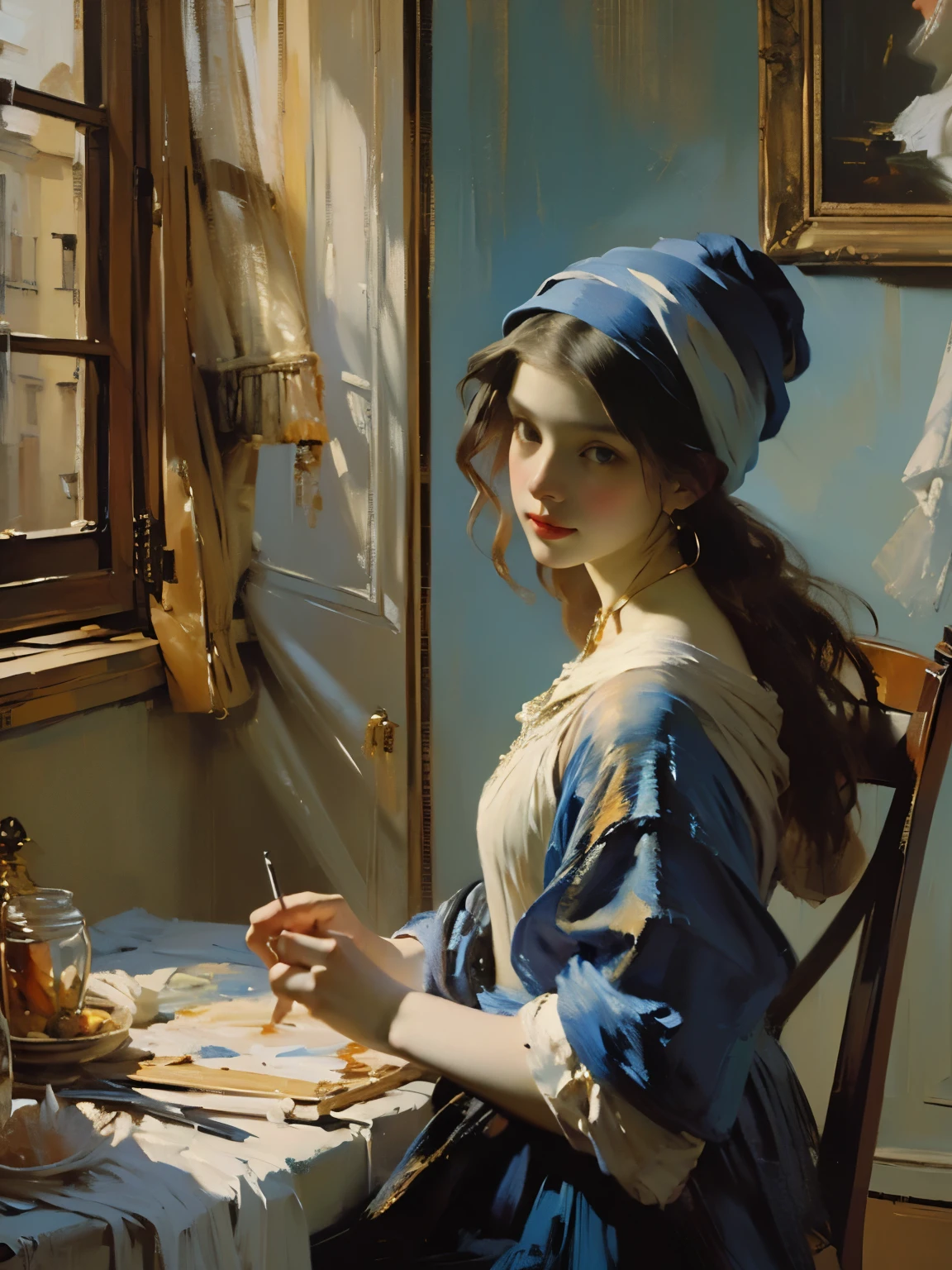 ((Pintura rápida) +++ Retrato de una mujer delicada, pintura con espátula, estilo impresionista, Técnicas de pincelada, Grandes trazos, Vermeer&#39;estilo de pintura, (pechos grandes, sexy, Aburrimiento:1.5), niña vendiendo flores, 