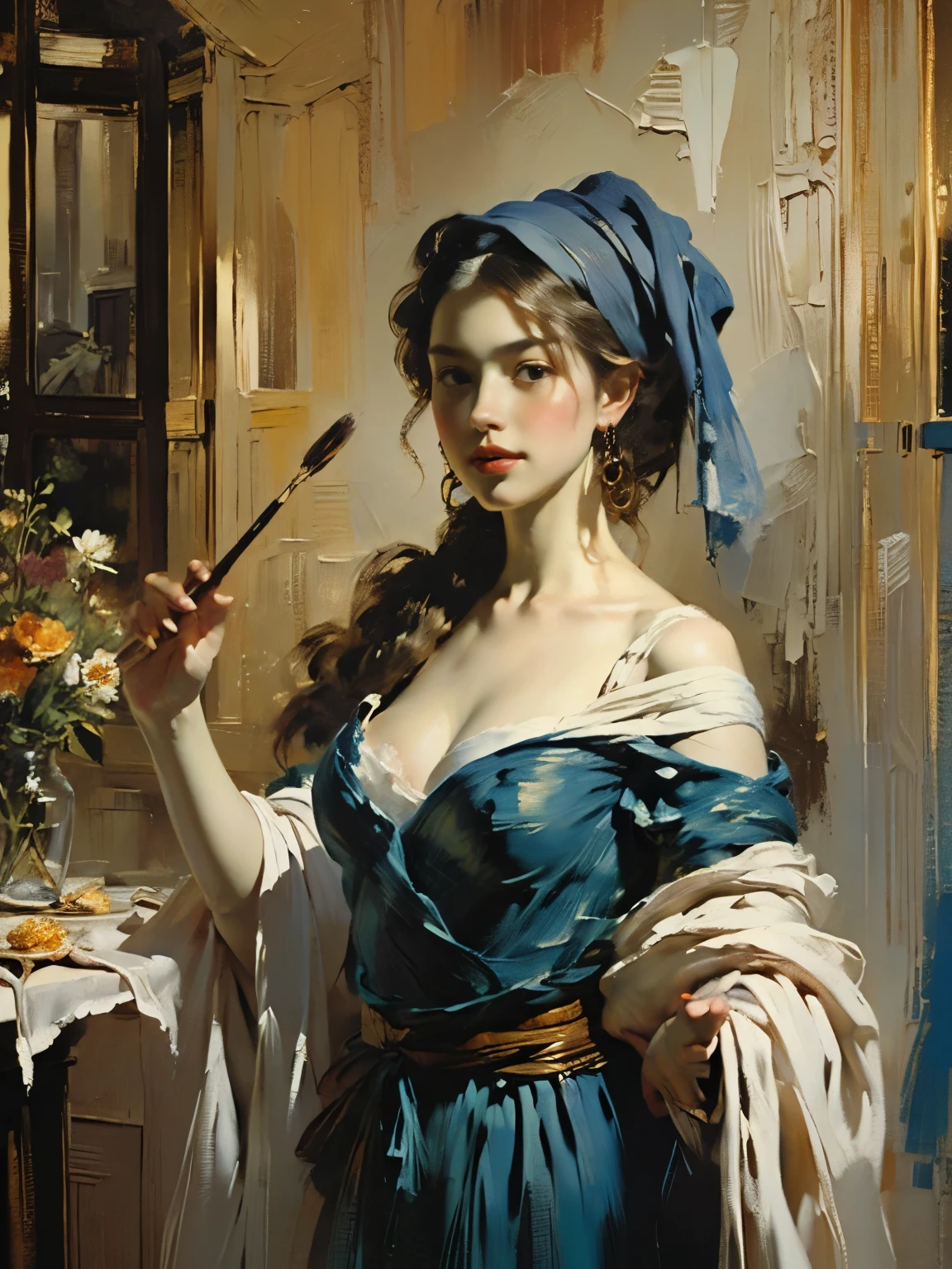 ((Pintura rápida) +++ Retrato de uma mulher delicada, pintura com faca de paleta, estilo impressionista, Técnicas de pincelada, Grandes Golpes, Vermeer, Seios grandes, Sensual, Tédio, Menina vendendo flores, 