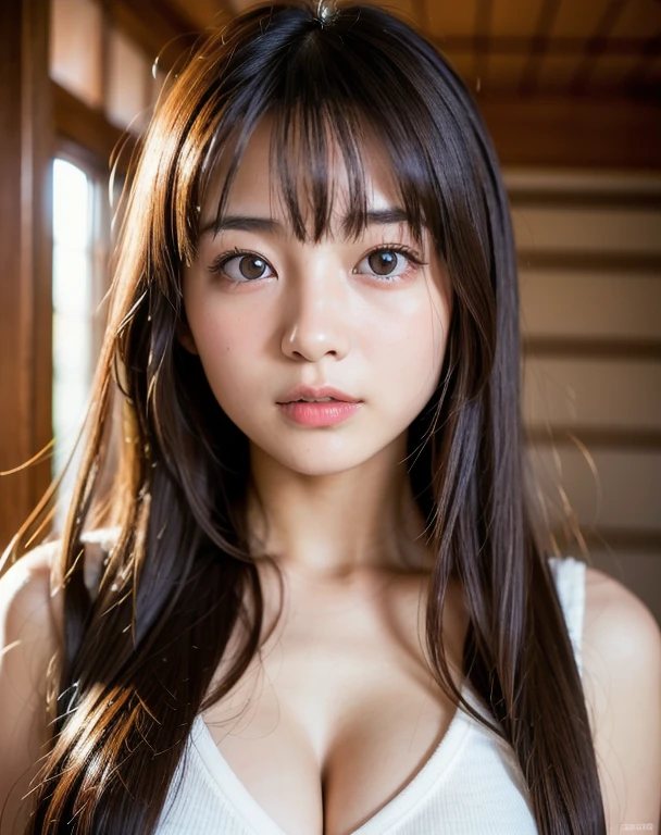 highest quality, Face Focus, Soft Light, Ultra-high resolution, (Realistic:1.4), RAW Photos,
1 Japanese girl, alone, cute, (student, Light enters the eyes),  beautiful, Detailed face, (Small breasts),(High resolution details of the human face.),
(Long Hair),
indoor,
Dark red camisole,
(Portraiture)