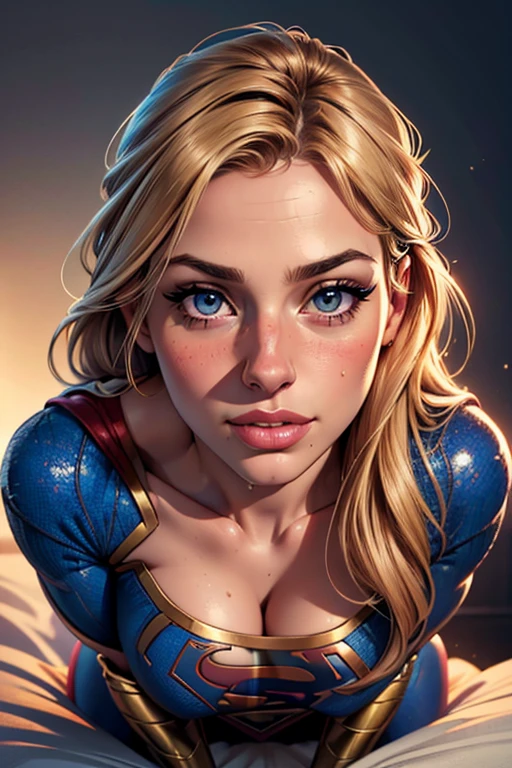 (best quality,4k,8k,highres,masterpiece:1.2),ultra-detailed,(realistic,photorealistic,photo-realistic:1.37),portrait, Carly  ,beautiful detailed eyes,beautiful detailed lips,extremely detailed face,long eyelashes, sexy,soft lighting,subtle background,professional photography,vivid colors full body ,  by a fan, blushing face () full body (seductive) (ready for sex) (biting her lips) (Supergirl outfit)