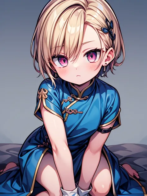 masterpiece high res, boy, cute femboy shota, male, white skin, pink eyes, short beautiful blonde hair,wearing blue chinese dres...