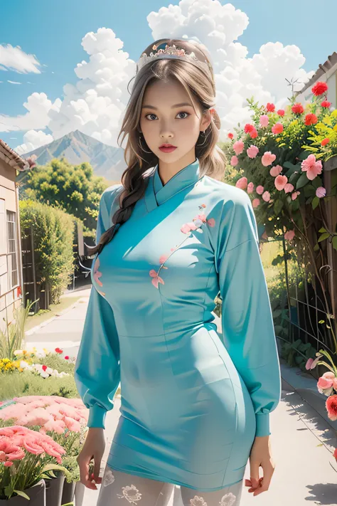 Blue sky, white clouds, distant mountains, towers and many people, pink flowers, cherry blossom trees, woman in hanbok, phoenix ...