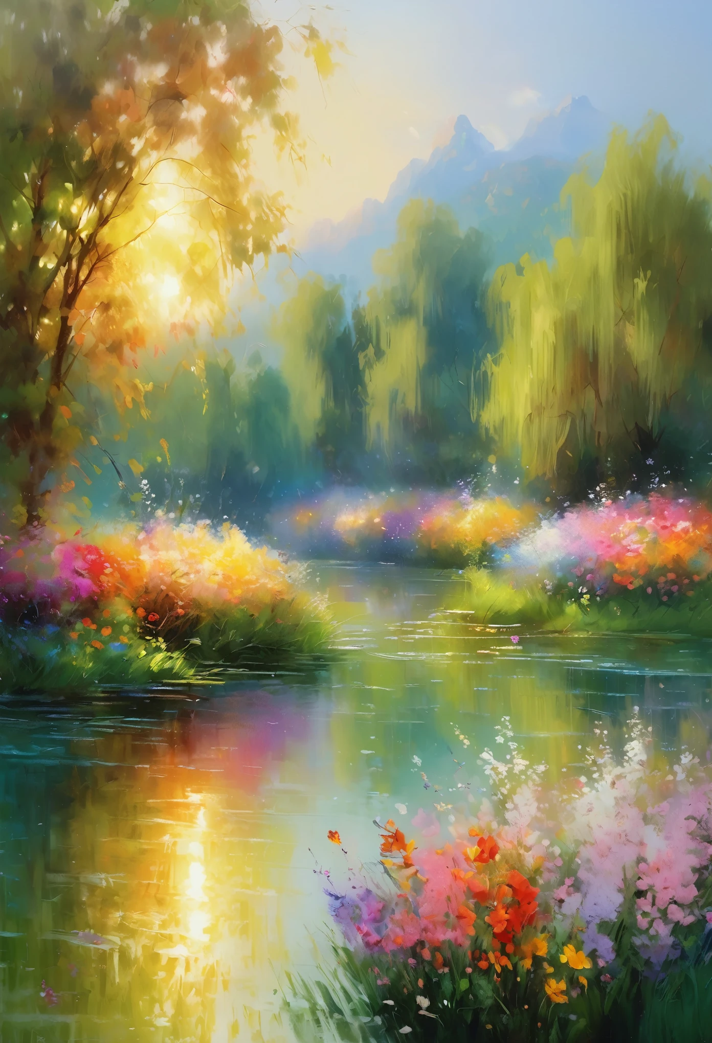 (highest quality、4K、8k、High resolution、masterpiece:1.2)、Super detailed、Real、Inspired by Monet、Impressionist masterpiece、oil、Beautiful detailed brushwork、Colorful flowers、Breathtaking landscapes、Peaceful garden scene、wood々Sunlight shining through、Reflection of rippling water、Subtle pastel colors、Vibrant wildflowers、Dreamy atmosphere、Soft and elegant atmosphere、Lush greenery、Subtle color gradients、Impressionist Texture、A subtle play of light and shadow、Impression of movement and spontaneity、Peaceful and serene、An impression of tranquility and harmony、The beauty of painting、Impressionist Techniques、Ethereal and seductive、Impressionist interpretation of nature、A harmonious composition、Impressionist brushstrokes、Genuine impressionist style、Emotional and vibrant、Wonderfully poetic、Sublime and atmospheric、Romantic and idyllic、A masterpiece that captures the essence of impressionism。