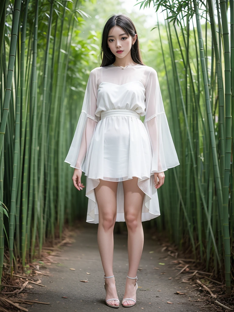 (best quality, 4K, masterpiece :1.3), bamboo forest，pretty Woman, 1 girl, Full body image, red，chiffon， transparent clothes，Translucent clothes， High heel