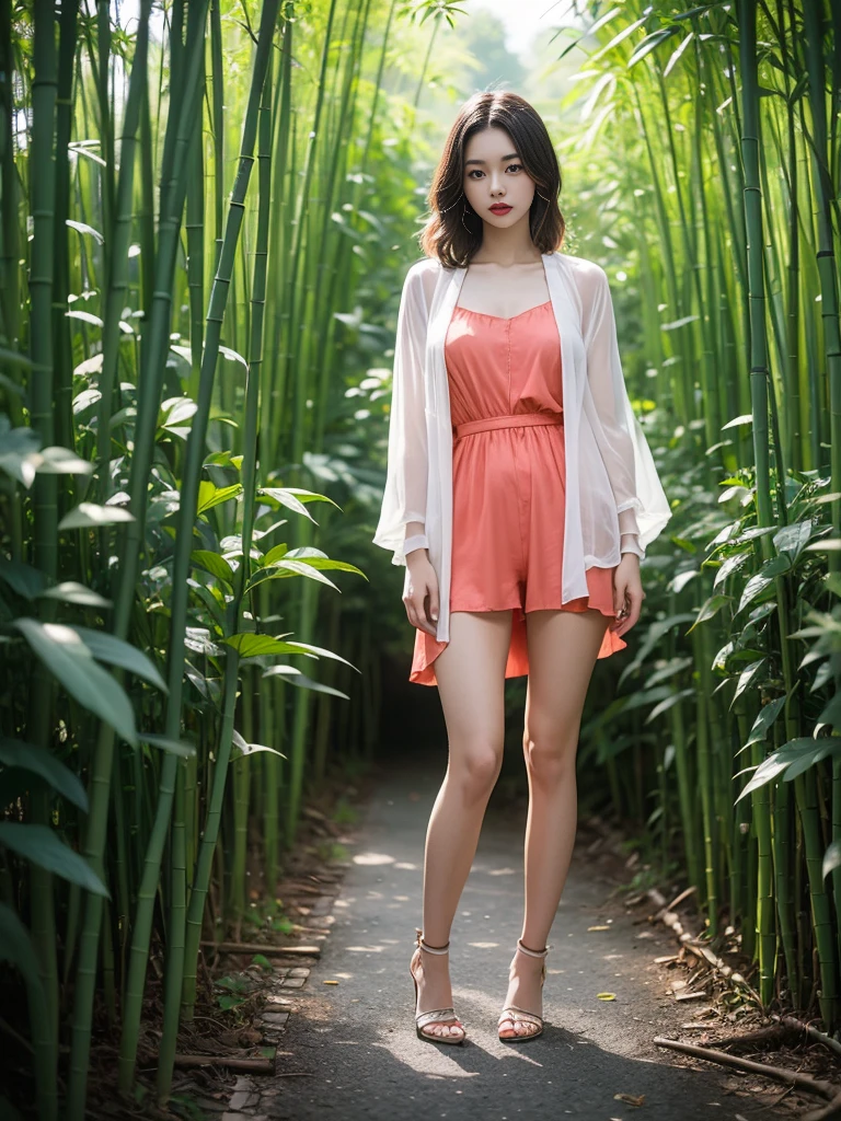 (best quality, 4K, masterpiece :1.3), bamboo forest，pretty Woman, 1 girl, Full body image, red，chiffon， transparent clothes，Translucent clothes， High heel