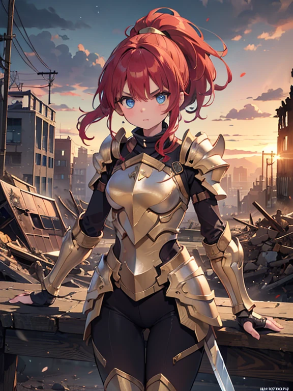 (8k, highest quality, Tabletop:1.2)、Ultra-high resolution, End of the century worldview, One 22-year-old girl, Perfect Fingers, Detailed face, Serious face, blue eyes, Red hair, ponytail, Gold Armor, Gauntlet, Long tights, Leggers, In the ruined city, The dust rises, dim, carry a sword on one&#39;s waist, Arms crossed, upright