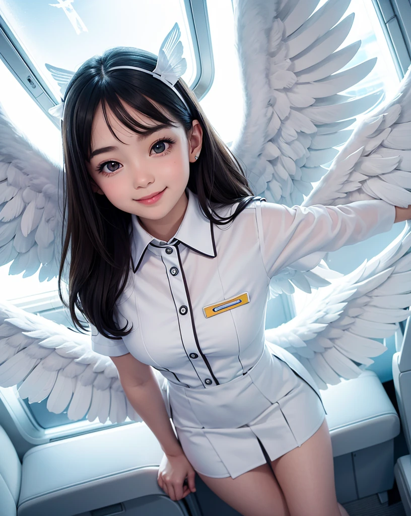 arte pop,Diseño plano,
chica Angel,lindo,entre.ángel hola,(grandes alas blancas),
(uniforme de azafata),
en el avión,ventana abierta,
pose dinámica,sonrisa,hermosa iluminación,retrato fotográfico, afilado,