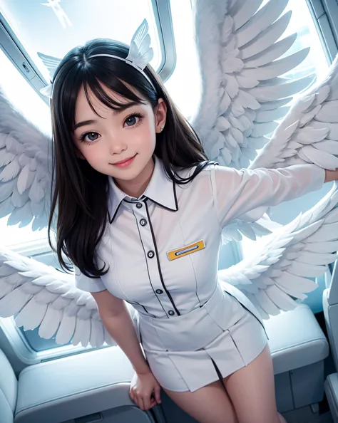 pop art,flat design,
angel girl,cute,tween.ange halo,(big white wings),
(flight attendant uniform),
in the airplane,open window,...