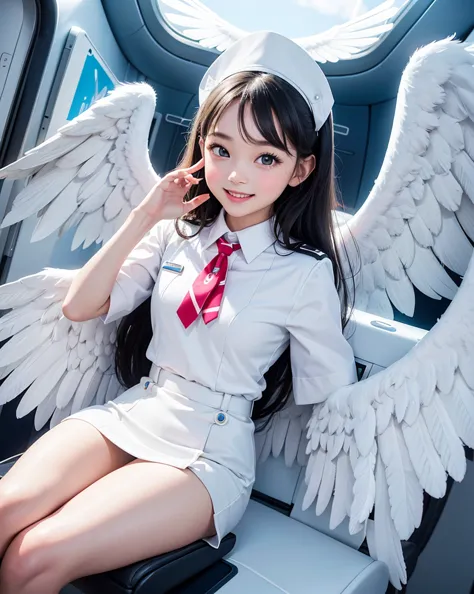 pop art,flat design,
angel girl,cute,tween,ange halo,(big white wings),
(flight attendant uniform),
in the airplane,open door,
d...