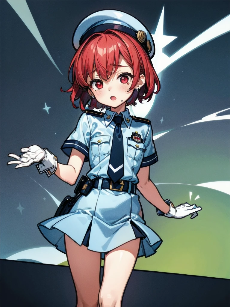 policewoman uniform, light blue short sleeved shirt, navy necktie, high waisted miniskirt, belt, white gloves, police hat, handcuffs, absurdres, RAW photo, extremely delicate and beautiful, masterpiece, Best Quality, ultra high resolution, 32k, hyperrealistic, ultra-detailed, detailed description, pale skin, 20 years old, tearful mole, earring, short medium hair, wavy hair, whole body shot, legs, Redhead, Red eyes, 