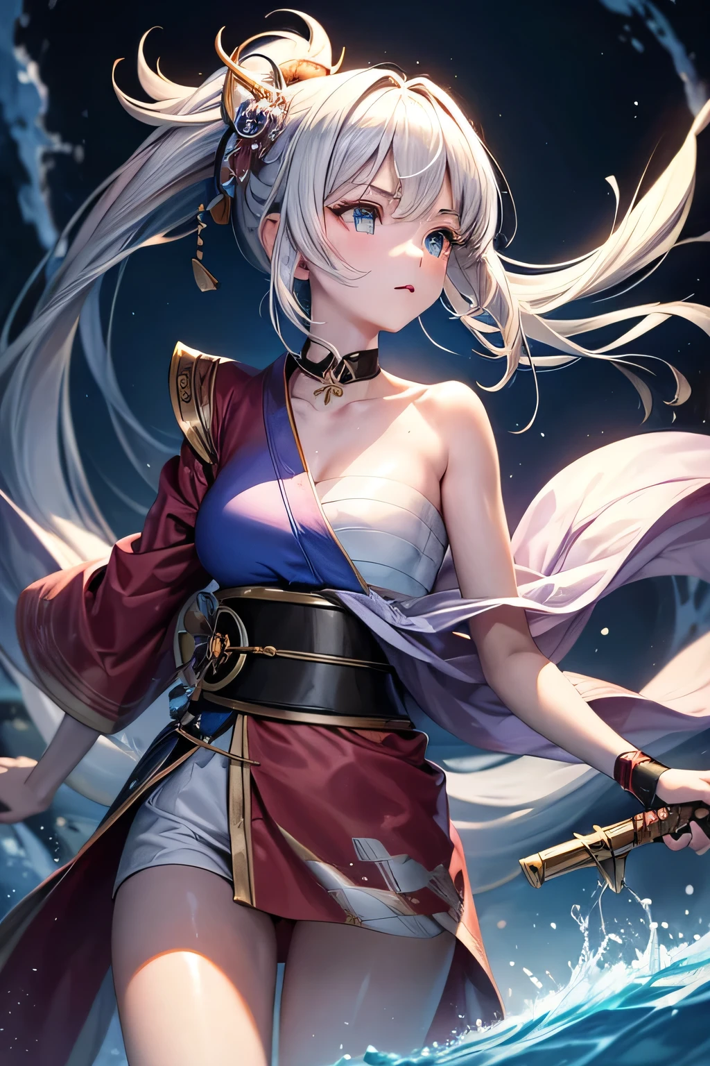 (masterpiece, best quality, dutch angle)(1girl, solo)(white hair,Lapis Lazuli Eyes,Straight long hair)(sarashi,japanese clothes,one shoulder、Wear one kimono:1.4、Long length kimono、One shoulder exposed)(Serious expression, Woman holding a sword:1.3、floating hair)(lightning、Mystical Night、Particles of light float around the woman、Space for fantasy)
