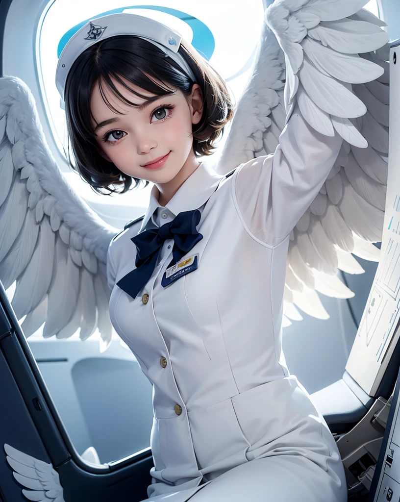 arte pop,Diseño plano,
chica Angel,lindo,entre,ángel hola,pelo corto ondulado azul marino,(grandes alas blancas),
(uniforme de azafata),
en el avión,puerta abierta,
ángulo dinámico,sonrisa nihilista,hermosa iluminación,retrato fotográfico, afilado,