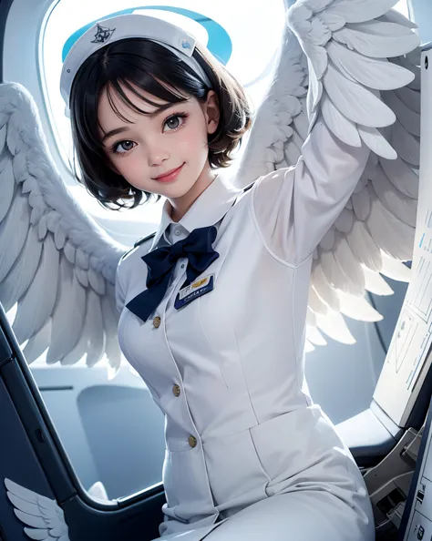 pop art,flat design,
angel girl,cute,tween,ange halo,navy wavy short hair,(big white wings),
(flight attendant uniform),
in the ...