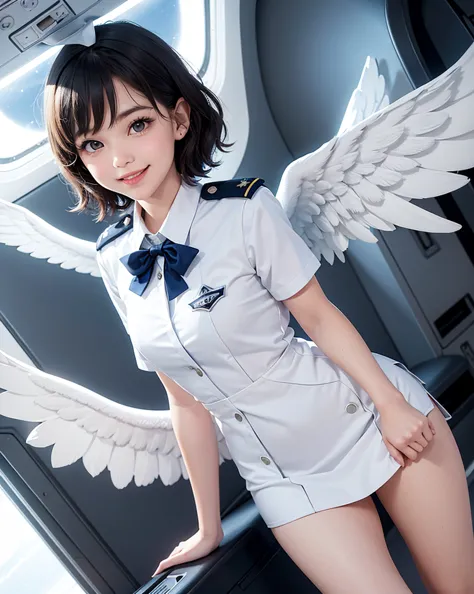 pop art,flat design,
angel girl,cute,tween,ange halo,navy wavy short hair,(big white wings),
(flight attendant uniform),
in the ...