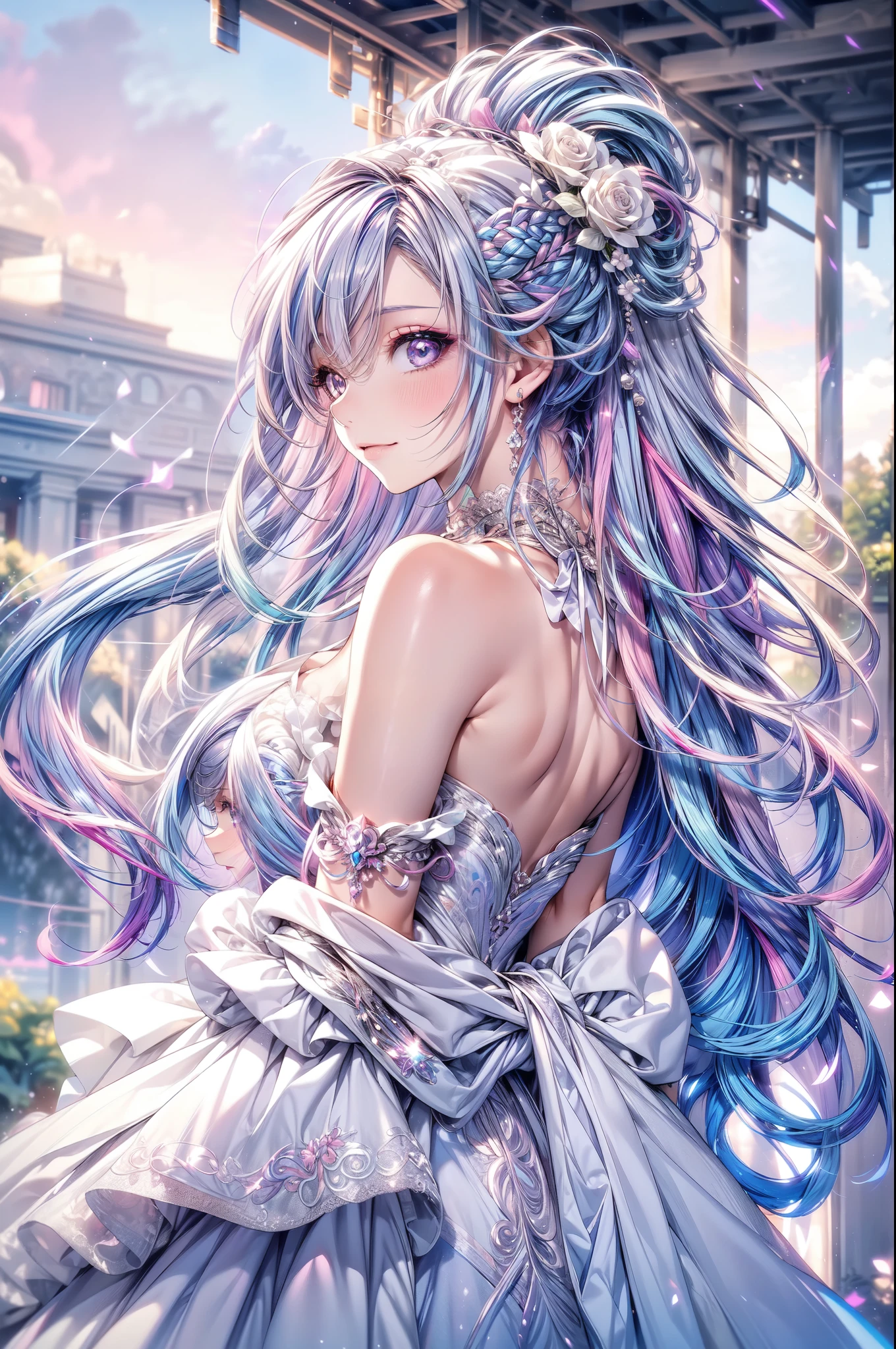 (masterpiece, best quality, beautiful and aesthetic:1.3), look back, side view, 1girl, solo, light smile,  (Silver blue hair streaked pink purple:1.4), (Gradient sky blue hair ends:1.6), hair strand, absurdly long hair, single sidelock, wavy hair, shiny hair, floating hair, (deep purple eyes), delicate eyes, aqua eyes, super high detailed eyes, long upper eyelashes, makeup, Focus on face, Very detailed facial, Pretty Face, Perfect breasts, hot body, (Delicate skin texture:1.2), bridal veil, lace-trimmed dress, see-through, wedding dress, outdoors, white roses, garden, morning, standing, extreme detailed, 