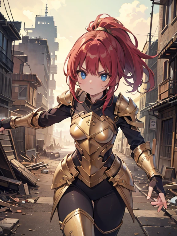 (8k, highest quality, Tabletop:1.2)、Ultra-high resolution, End of the century worldview, One 22-year-old girl, Perfect Fingers, Detailed face, Serious face, blue eyes, Red hair, ponytail, Gold Armor, Gauntlet, Long tights, Leggers, In the ruined city, The dust rises, dim, carry a sword on one&#39;s waist, Arms crossed, upright