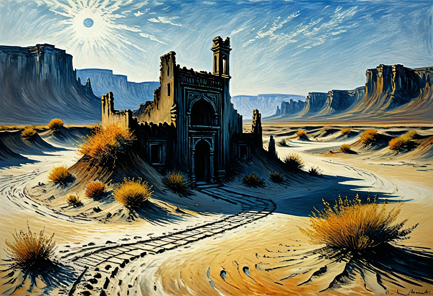 克劳德·莫奈的画作, 沙漠, 沙, 废墟, 干燥, 海市蜃楼, 热, 古代, 神秘, 极简主义, 木炭, 明晰, 现代艺术, 详细, 前卫, 错觉, 超现实主义, 体积, 完全符合克劳德·莫奈的风格