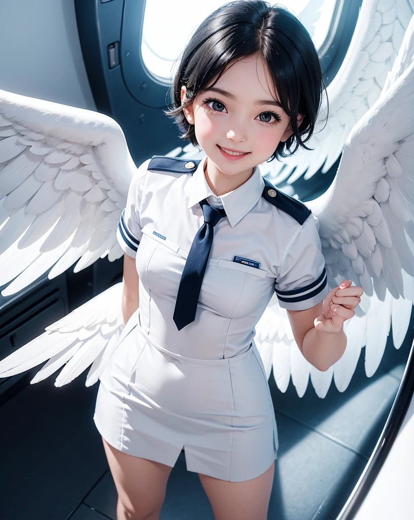 arte pop,Diseño plano,
chica Angel,lindo,entre,ángel hola,pelo corto ondulado azul marino,(grandes alas blancas),
(uniforme de azafata),
en el edén,
ángulo dinámico,sonrisa nihilista,hermosa iluminación,retrato fotográfico, afilado,