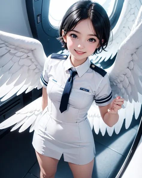 pop art,flat design,
angel girl,cute,tween,ange halo,navy wavy short hair,(big white wings),
(flight attendant uniform),
in eden...